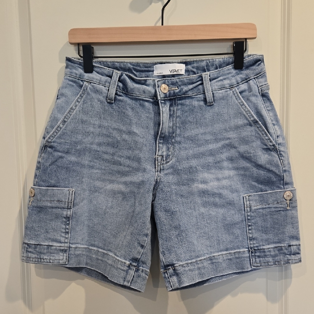 Vervet Radiant Flow Mid Rise Pocket Wide Bermuda Denim Shorts